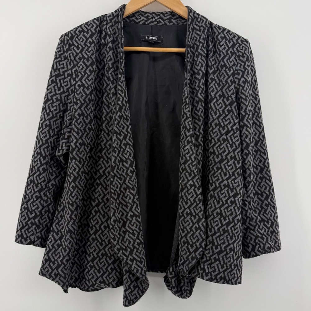 Elementz Geometric Retro Gray Black Career Casual Open Blazer Shoulder Pads 80s